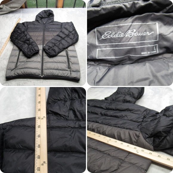 Eddie Bauer Down Jacket Men Large Gray CirrusLite Hooded Full Zip Quilted Puffer - Picture 1 of 16